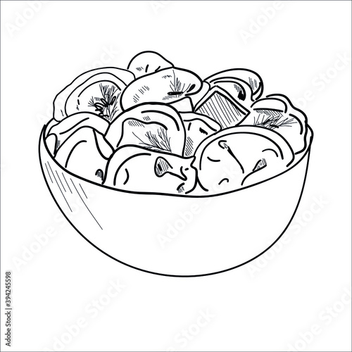 dumplings black and white outline. Siberian pelmeni with meat.ra skraska. Postcard, menu, poster, banner, national cuisine. lunch, dinner, student, bachelor. delicious dish. Russian food. vector eps