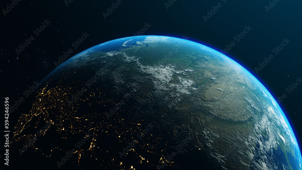 Planet Earth in the rays of the sun, going from night to day with cloud formations and city lights. 3D rendering with detailed satellite map of NASA.