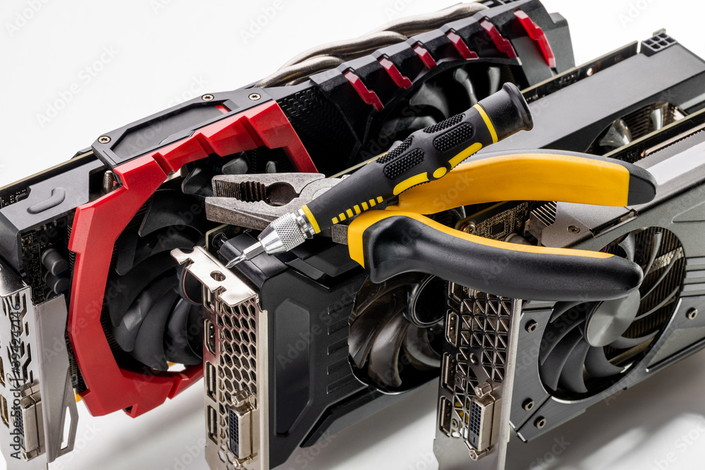 custom made wallpaper toronto digitaldesktop hardware repair concept. tools for repair and variation of modern gpu or graphics cards on a background. hardware support conceptual