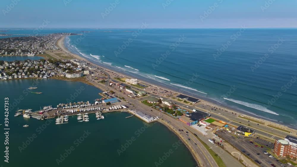 Nantasket Beach, Weir River and Hingham Bay aeral view with fall foliage in town of Hull, Massachusetts MA, USA. 