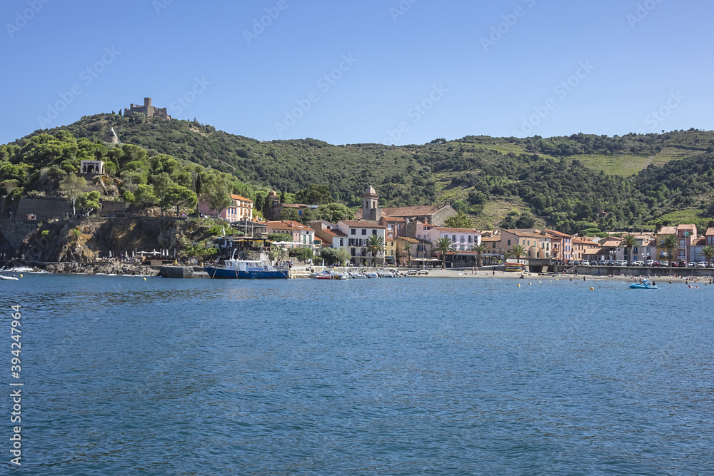 Beautiful view of Mediterranean Sea, Collioure village, bay of Ansa de la Baleta. Collioure - popular summer tourist destination. Collioure, Roussillon, Vermilion coast, Pyrenees Orientales, France.