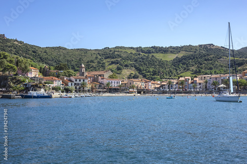 Beautiful view of Mediterranean Sea, Collioure village, bay of Ansa de la Baleta. Collioure - popular summer tourist destination. Collioure, Roussillon, Vermilion coast, Pyrenees Orientales, France. © dbrnjhrj