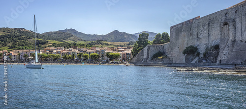 Beautiful view of Mediterranean Sea, Collioure village, bay of Ansa de la Baleta. Collioure - popular summer tourist destination. Collioure, Roussillon, Vermilion coast, Pyrenees Orientales, France. photo