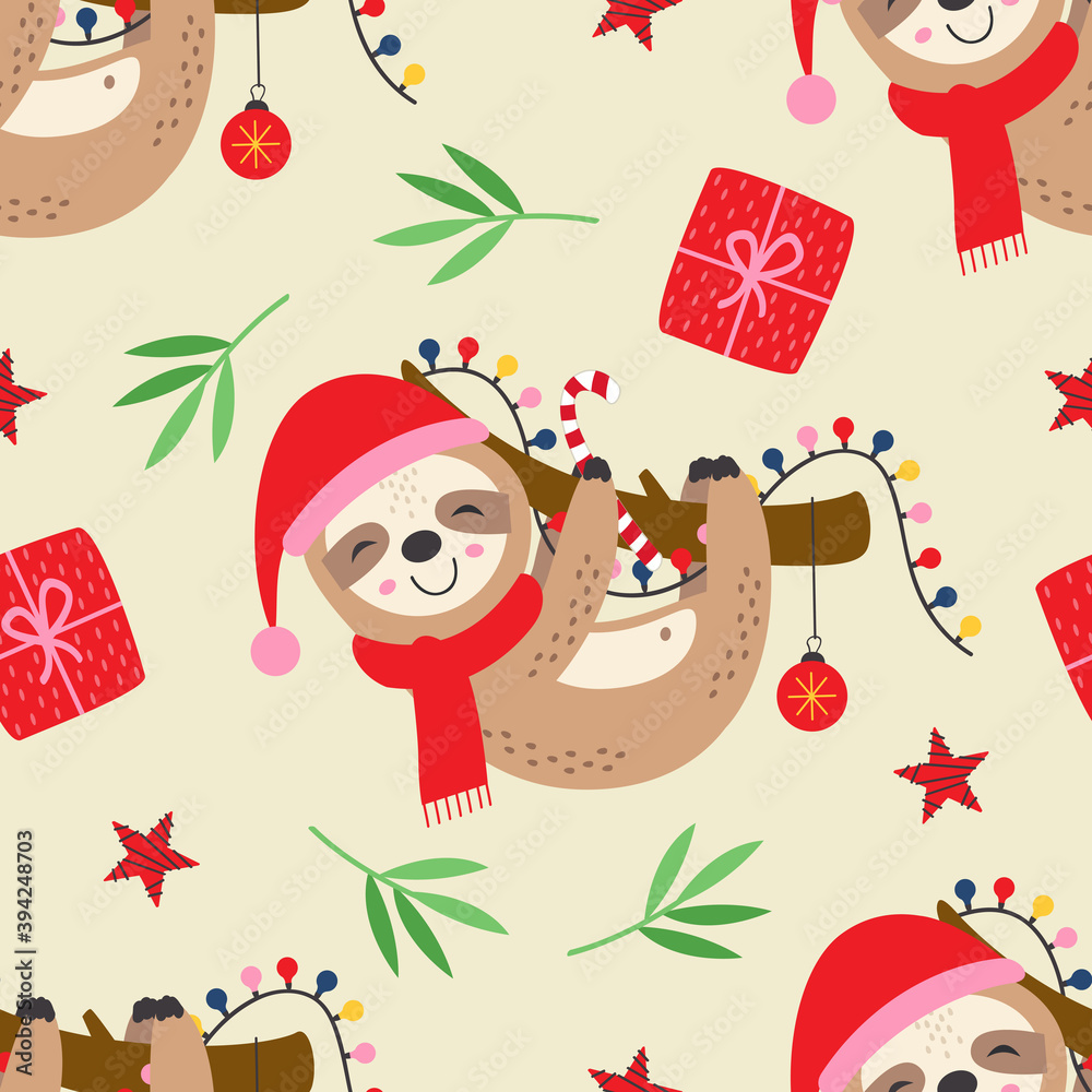 Fototapeta premium seamless pattern with Christmas sloth on a branch 