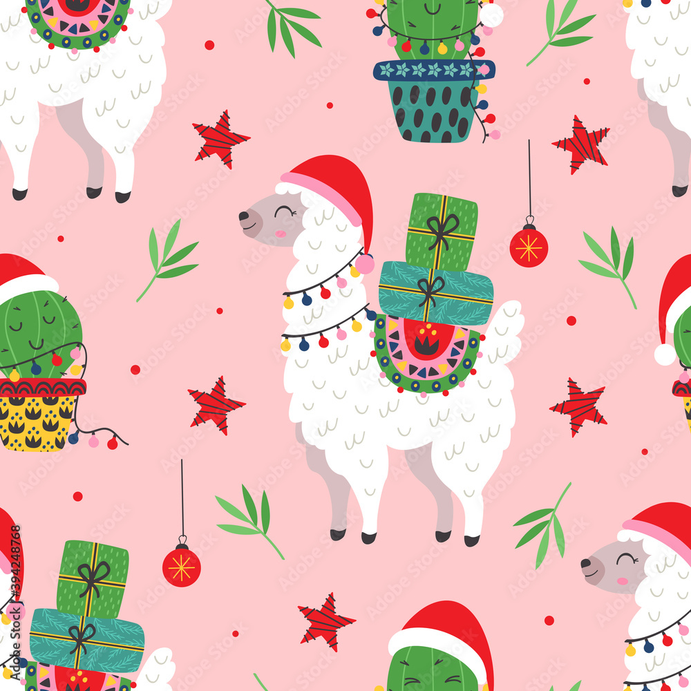 Fototapeta premium seamless pattern with Christmas Llama and cactus