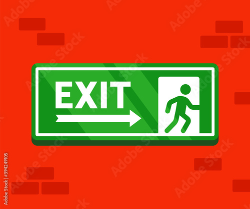 fire evacuation sign. The safe exit sticker hangs on a brick wall. flat vector illustration.