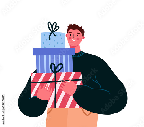 Happy man carrying wrapped gift boxes. Man preparing presents for Xmas and New year. Christmas festive season shopping illustration. Cartoon flat vector illustration.