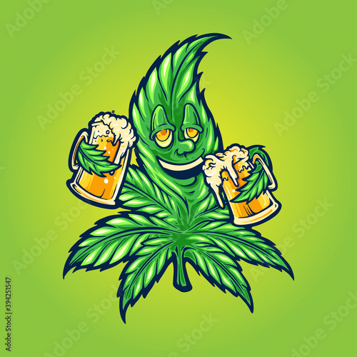 happy cannabis leaves with two beer Mascot for your work Logo merchandise clothing line, stickers and poster, greeting cards advertising business company or brands
