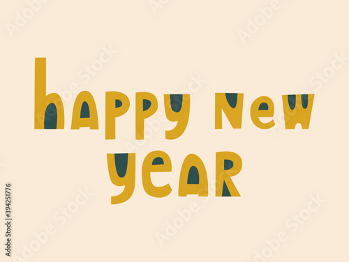 Fortuna gold Happy New Year text in doodle style on Set Sail Champagne background. Trendy colors of 2021. Festive card.