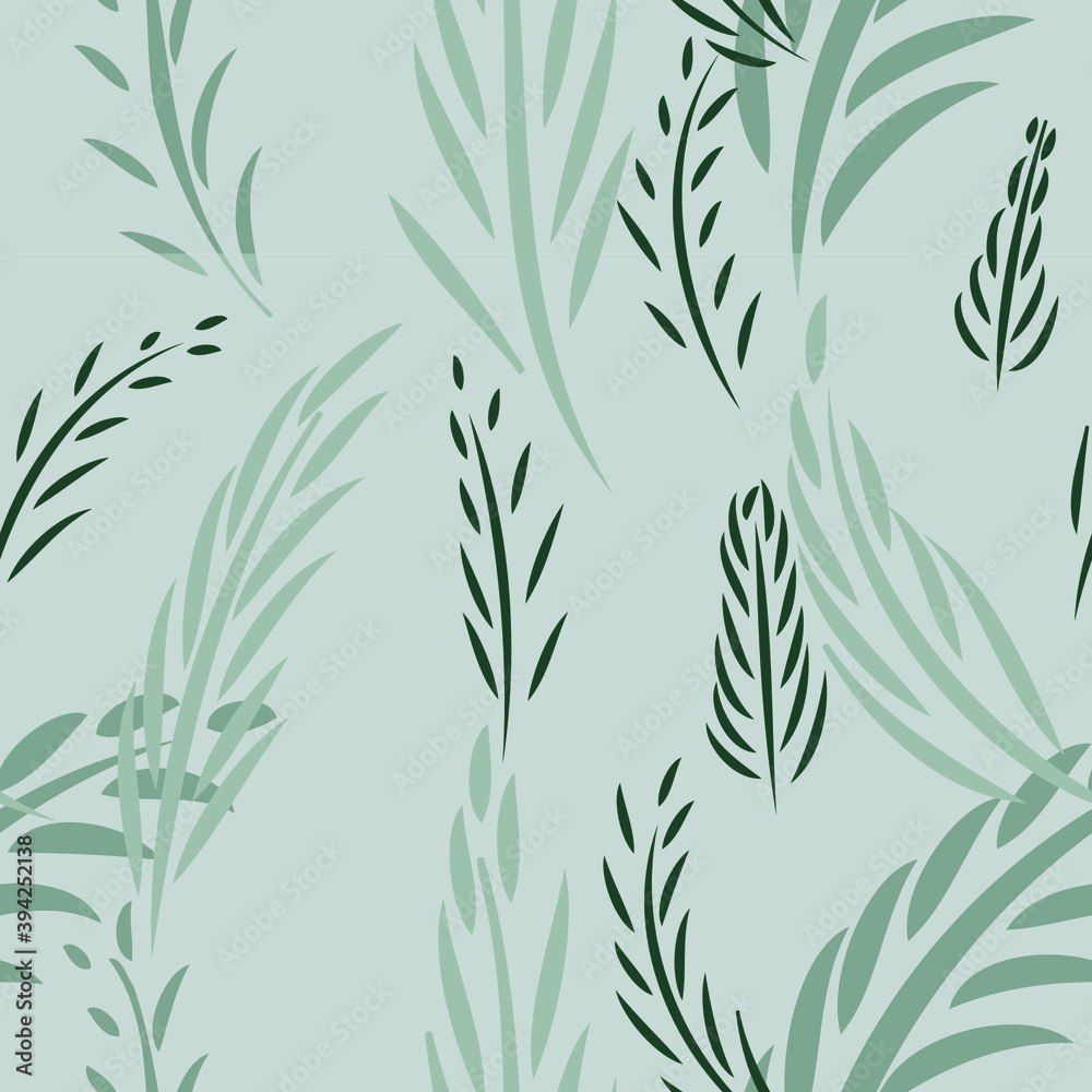 seamless pattern with green leaves. Vector illustration. Hand drawn light background for fabric, textile and wallaper. print for fabric, wrapping paper. Palm leaf silhouettes seamless pattern. Vector seamless pattern with green leaves. Vector illustration. Hand drawn light background for fabric, textile and wallaper. print for fabric, wrapping paper. Palm leaf silhouettes seamless pattern. Vector