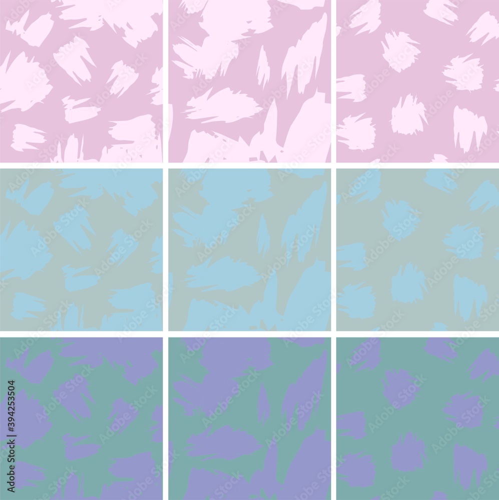 Abstract doodle pattern set with brush strokes. Seamless design for textiles, wrapping paper, wallpaper, website background and decorations. 9 different seamless patterns. Pastel colors: pink, blue.
