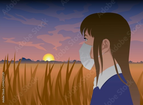 A ray of hope for the pandemic’s end. Metaphoric vector illustration of woman wearing mask and looking forward with hope. Cinematic frame. Sunrise. A glimmer of hope that coronavirus will be defeated.