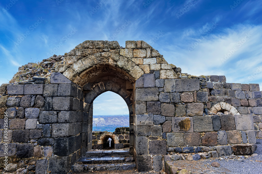 The well-preserved eastern gate of the 12th century Crusader fortress, view from the inside of the fortress over the Jordan Valley. Jordan Star National Park. Israel