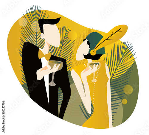 Couple at a party in the style of the early 20th century. Handmade drawing vector illustration. Art Deco style.