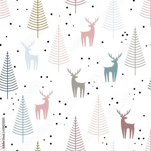 Seamless winter pattern with fir trees and deer on a white background. Isolated objects. Vector illustration in flat scandinavian style for fabric, wallpaper, clothing, covers, packaging.