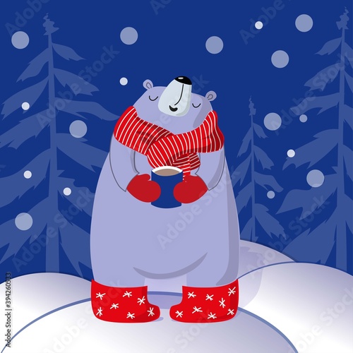 Happy fat polar bear with a cup of hot chocolate in the winter forest. Christmas and New Years postcard in cartoon style.