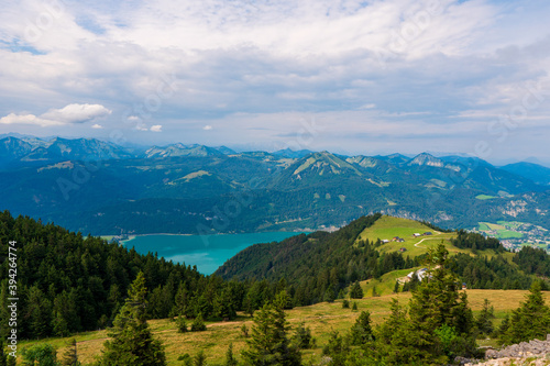 Alps ridges and Wolfgangsee lake from Schaffberg mountain, Salzkammergut, Austria.