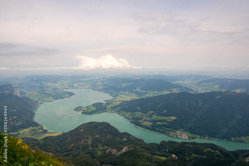 Alps ridges and Wolfgangsee lake from Schaffberg mountain, Salzkammergut, Austria.