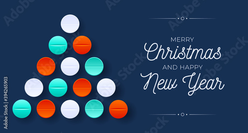 Creative medical Xmas tree made white bauble balls for Christmas and New Year celebration. Covid coronavirus Christmas and new year greeting flat cartoon card.