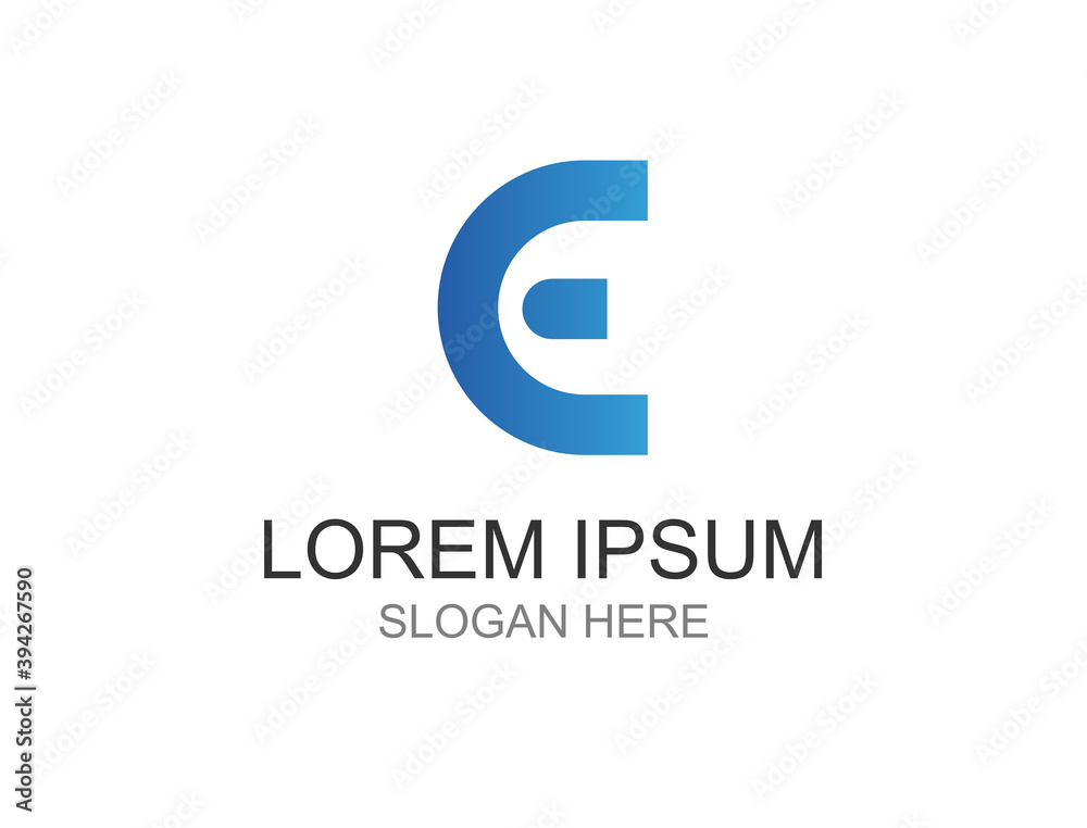 The logo is in the form of the alphabet E or C with blue gradations The logo is in the form of the alphabet E or C with blue gradations