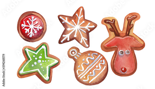 Watercolor gingerbread cookies set. Stars and Deer.