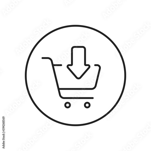 Shop cart icon vector line illustration. Add and Buy online vector trolley in circle thin line icon. Purchase outline button for online supermarket shopping design. E-commerce flat logo with arrow V1