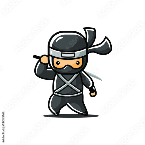 Little black cartoon ninja stand with sword in back