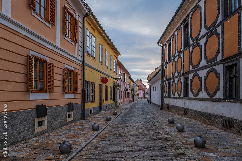Old street of baroque town of Varazdin, northern Croatia. Early morning in september 2020 Old street of baroque town of Varazdin, northern Croatia. Early morning in september 2020