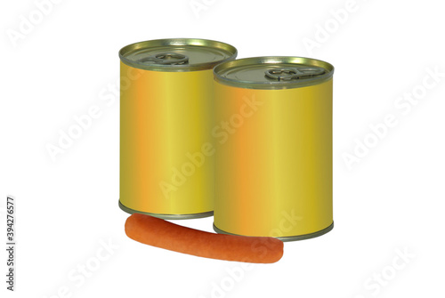Duas latas de salsichas fechadas, sem marca e uma salsicha fora das latas, rótulos em tons de amarelo photo
