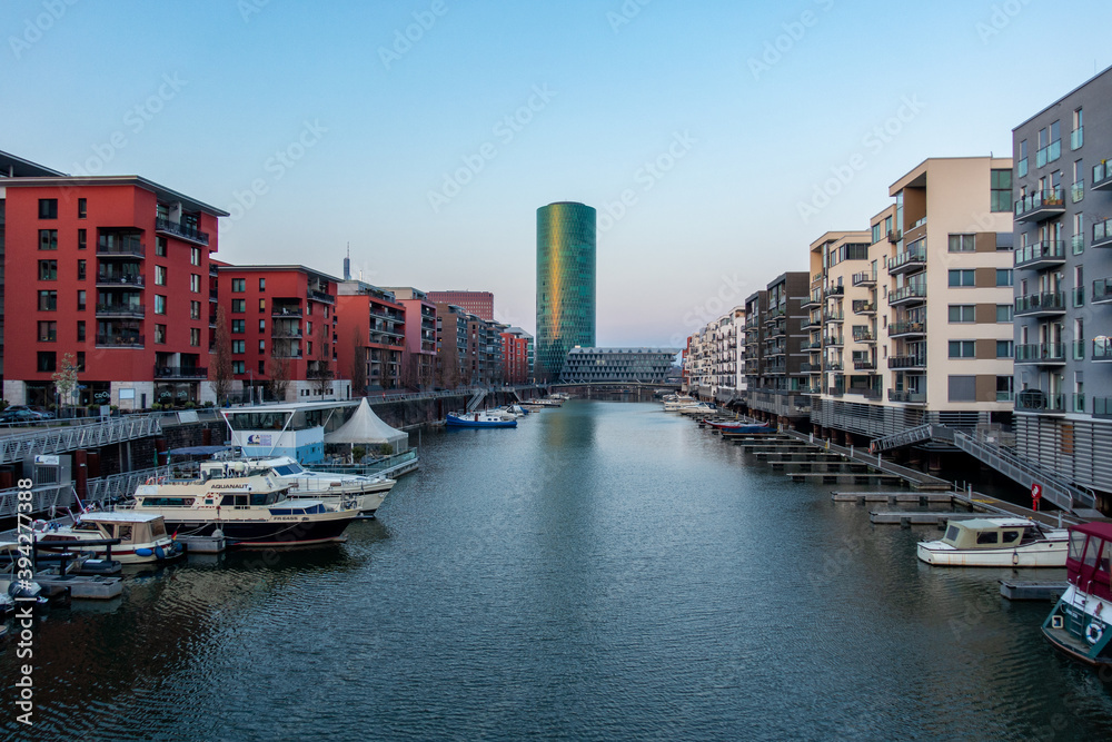 View over Westhafen Tower and the buildings near the Main river in Frankfurt am Main, Germany