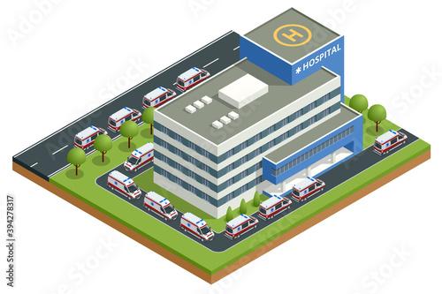 Isometric city hospital and a line of ambulances. There is a place for a helicopter on the roof. Health and medicine