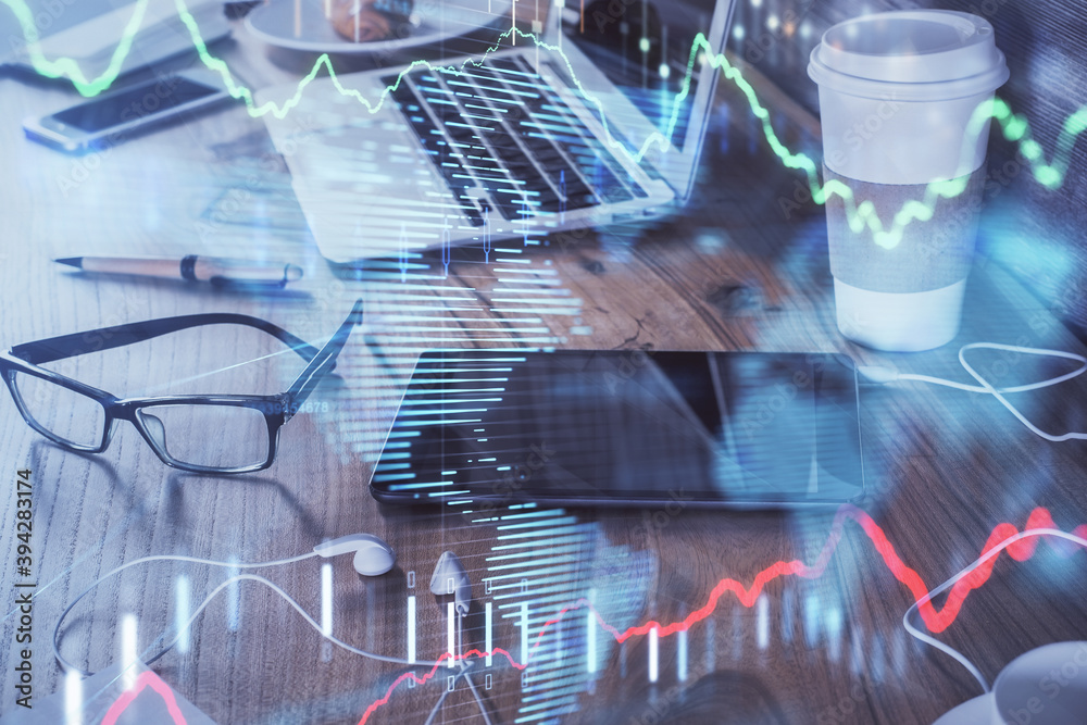 Naklejka premium Double exposure of forex chart drawing and cell phone background. Concept of financial trading