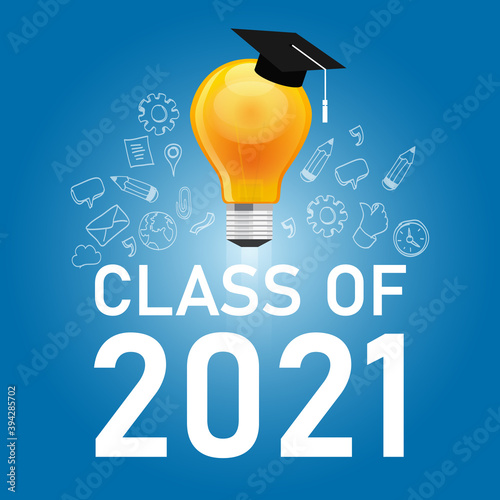 class of 2021 cap and bulb in blue symbol of education graduate college icon graphic illustration student university