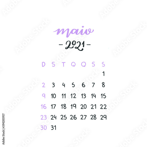 Maio 2021. May 2021. Brazilian Portuguese Hand Lettering Calendar for 2021 year Calligraphy. Vector.