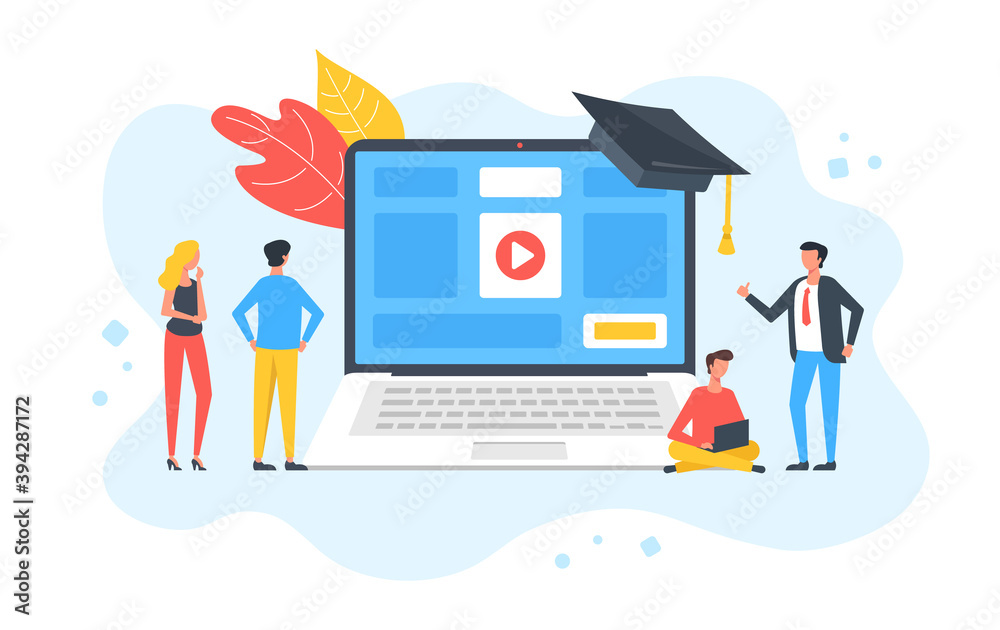 Online education. Group of people and laptop with website and educational videos. E-learning, digital education, online courses, training, elearning concepts. Modern flat design. Vector illustration Online education. Group of people and laptop with website and educational videos. E-learning, digital education, online courses, training, elearning concepts. Modern flat design. Vector illustration