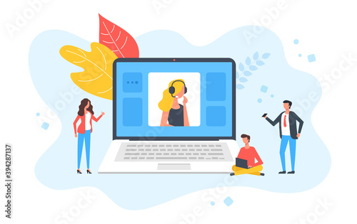 Customer service. Group of people and laptop with website and customer service assistant. Customer support, help, call technical support, helpline, maintenance. Flat design. Vector illustration