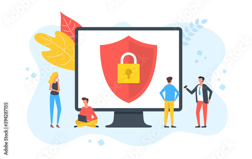 Data security. People and computer with shield and lock. Computer security, data protection, privacy, digital information safety, cybersecurity concepts. Modern flat design. Vector illustration