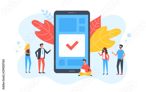 Mobile phone and check mark. People and smartphone with tick, checkmark on screen. Task complete, success, online voting, accept, successful app update concept. Modern flat design. Vector illustration