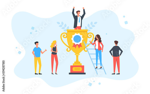 Reward. Group of people and happy man sitting in gold trophy cup. Award, best worker, happy businessman, achievement, contest winner, success concepts. Modern flat design. Vector illustration
