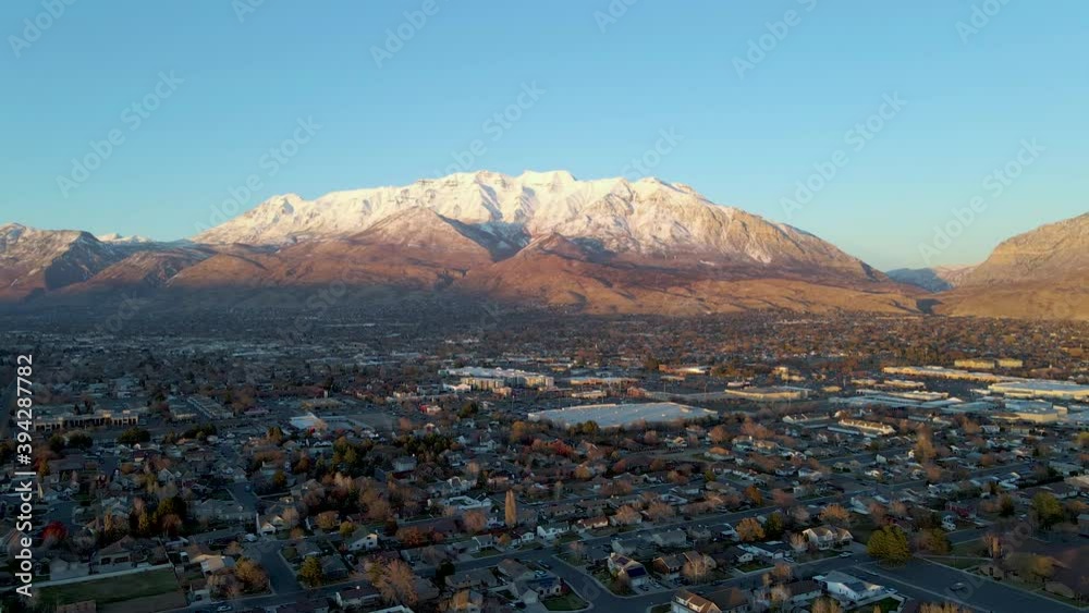 Mt Timpanogos backdrop over Salt Lake City, Utah, aerial Mt Timpanogos backdrop over Salt Lake City, Utah, aerial