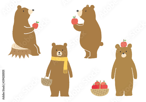 手描きのクマイラスト りんご狩り（カラー）