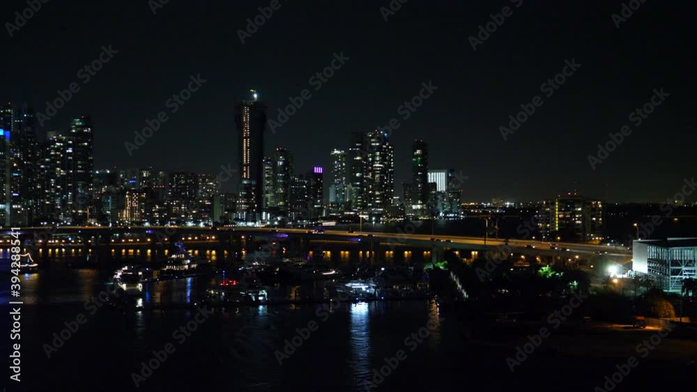 Miami skyline lit up at night. Right to left panning shot on a tripod. Miami skyline lit up at night. Right to left panning shot on a tripod.