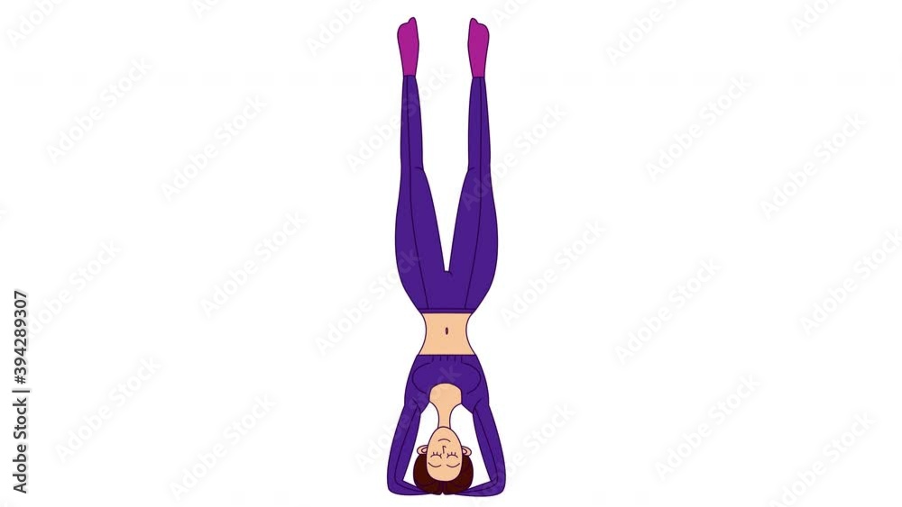 Shirshasana pose headstand. Yoga class. Girl in a purple tracksuit with a good stretch of legs. Stock 4k animation with fitness exercise. Shirshasana pose headstand. Yoga class. Girl in a purple tracksuit with a good stretch of legs. Stock 4k animation with fitness exercise.
