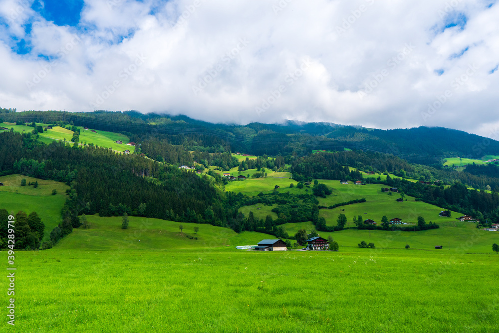 Green valley village landscape. Mountain green valley village view. Mountain valley village landscape. Austria alps europe
