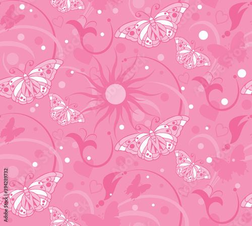 Decorative background pattern, wallpaper, pink background in retro style with sun, flowers, butterflies, leaves, hearts. Seamless texture. Vector graphics photo