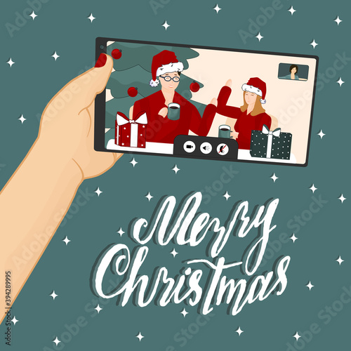 Mobile phone Video call with family or friends on Christmas New Year time