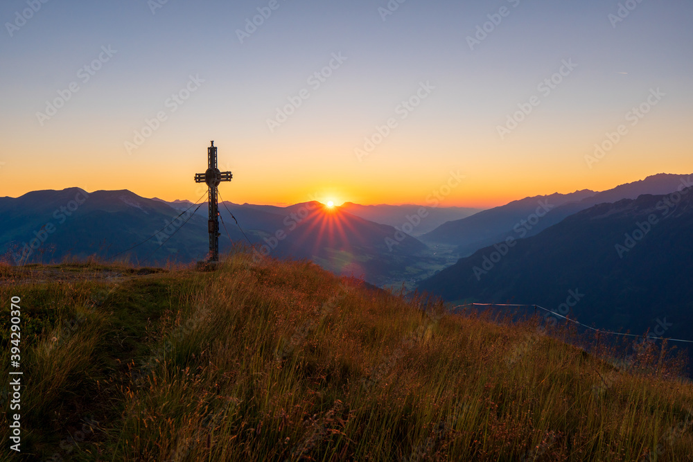 Colorful summer sunrise of the Plattenkogen on Zillertal alps . zillertal alps ,Tyrol. Location austria Europe.