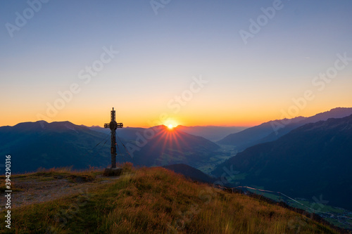 Colorful summer sunrise of the Plattenkogen on Zillertal alps . zillertal alps ,Tyrol. Location austria Europe.