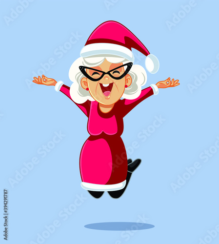 Cheerful Mrs Claus Jumping with Excitement 
