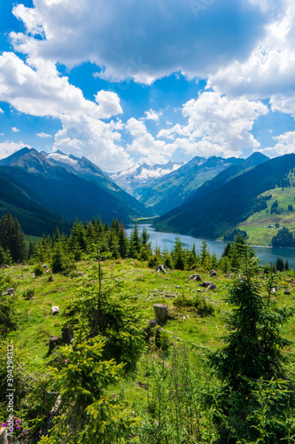 Durlassboden reservoir in the Zillertal Alps  mountain lake with reflection in austria